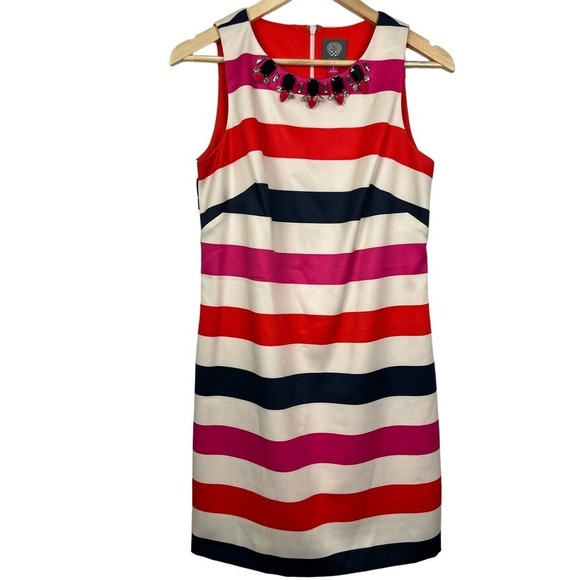 NWOT BEAUTIFUL Vince Camuto Satin Striped Dress with Jeweled Neckline Size 6 - Picture 1 of 8